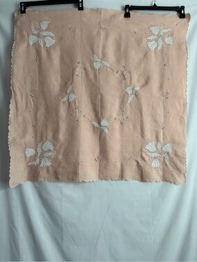 Vintage Madeira Pale Pink Square White Floral Embroidery Cutwork Tablecloth